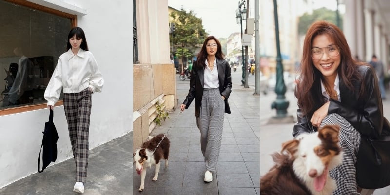 Tăng Thanh Hà diện áo sơ mi trắng và quần caro ống rộng