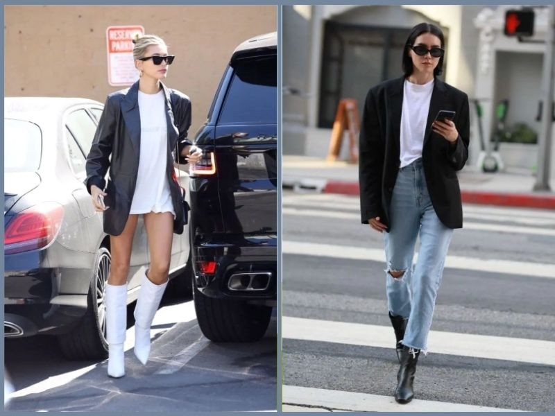 Thanh lịch và chuyên nghiệp khi phối áo phông rộng trắng với blazer kẻ caro xám, quần tây và túi xách công sở.