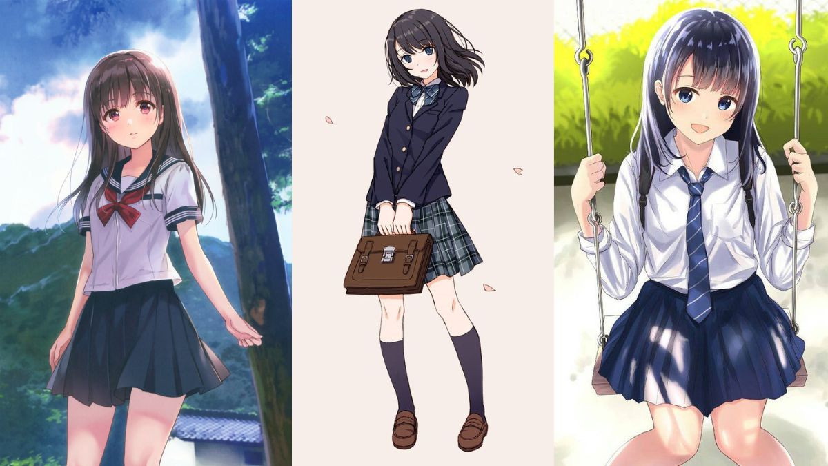 Thiết kế váy xếp ly và áo sơ mi phong cách học đường, thể hiện cá tính riêng cho nhân vật nữ anime.