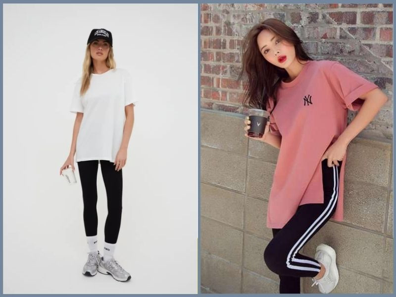 Thoải mái và tôn dáng với áo phông rộng màu nâu đất kết hợp quần legging đen, giày thể thao và mũ lưỡi trai, lý tưởng cho hoạt động ngoài trời.