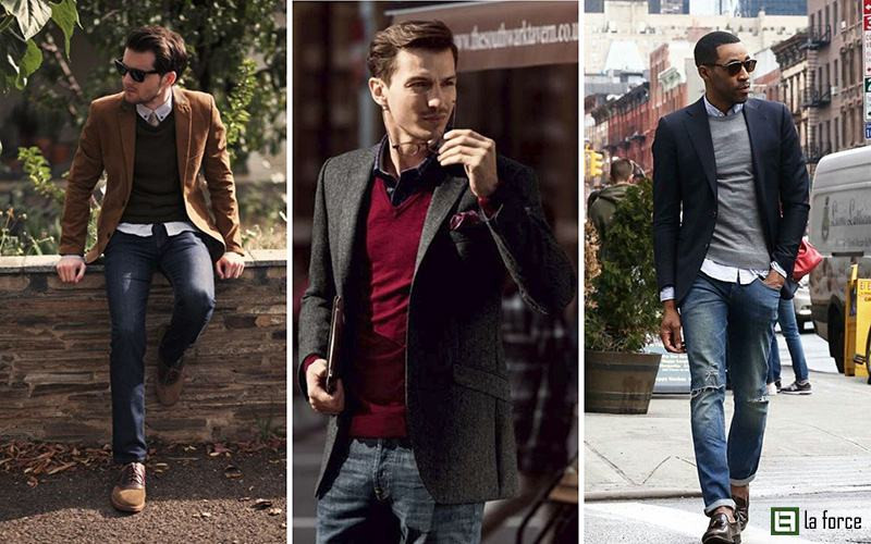 Tổ hợp trang phục layer mùa đông: Áo vest xám, áo len cổ tròn xanh và sơ mi trắng kết hợp quần jean