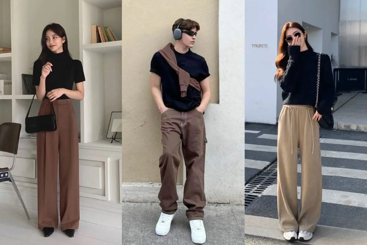 Trang phục cá tính với quần ống rộng màu nâu và áo len dệt kim màu đen, tạo vẻ ngoài hiện đại và ấm áp cho mùa đông.