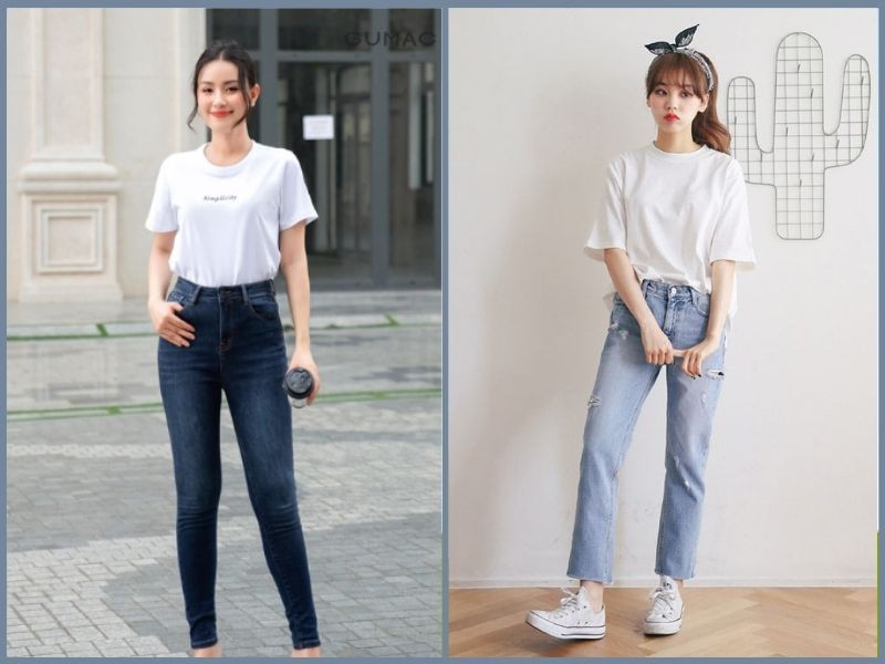 Trang phục đi chơi mùa hè nữ thoải mái với áo thun kẻ sọc và quần jean ống rộng