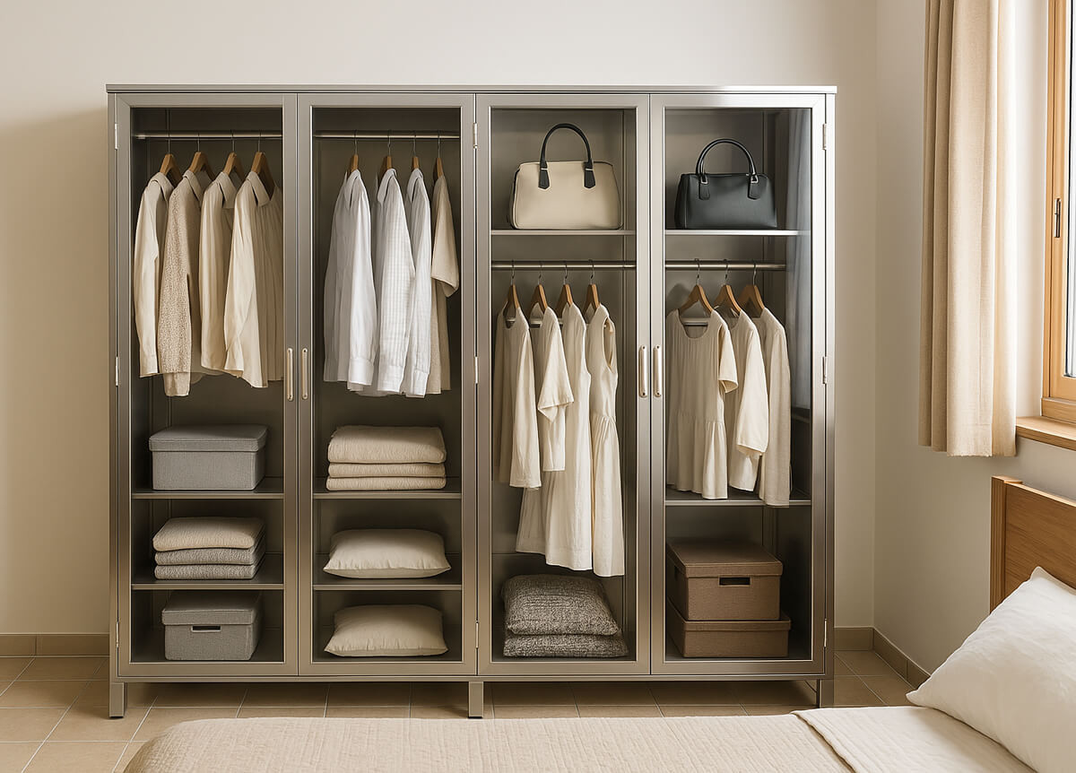 Tủ inox đựng quần áo 4 cánh hiện đại, kết hợp cánh kính tăng tính thẩm mỹ và sang trọng cho không gian nội thất.