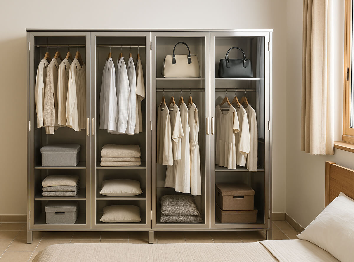 Tủ inox đựng quần áo 4 cánh hiện đại với bề mặt sáng bóng, nhiều ngăn chứa đồ, thể hiện độ bền vượt trội theo thời gian.