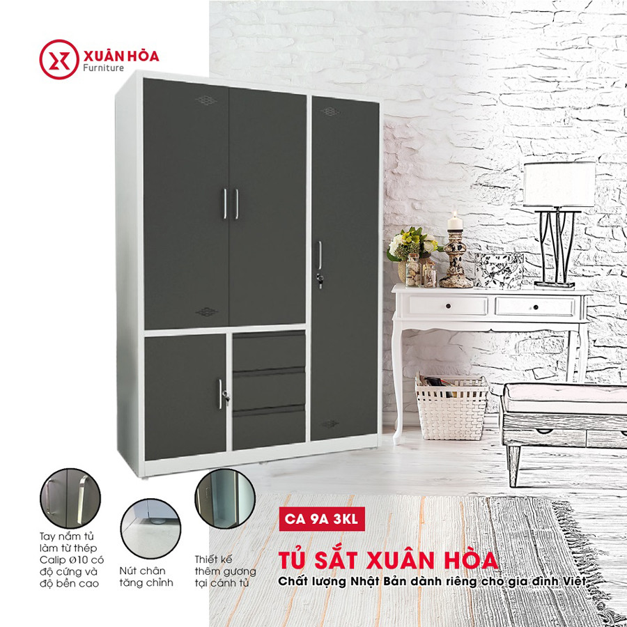 Tủ quần áo 3 buồng CA-9A-3KL hiện đại màu nâu trắng, tích hợp gương soi và ngăn kéo tiện lợi