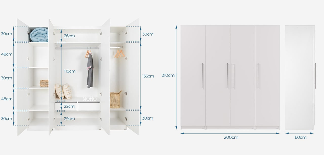 Tủ quần áo 4 cánh VIENNA với tay nắm tích hợp, thiết kế sang trọng và kích thước cánh cửa tủ quần áo bề thế, lý tưởng cho phòng ngủ master.