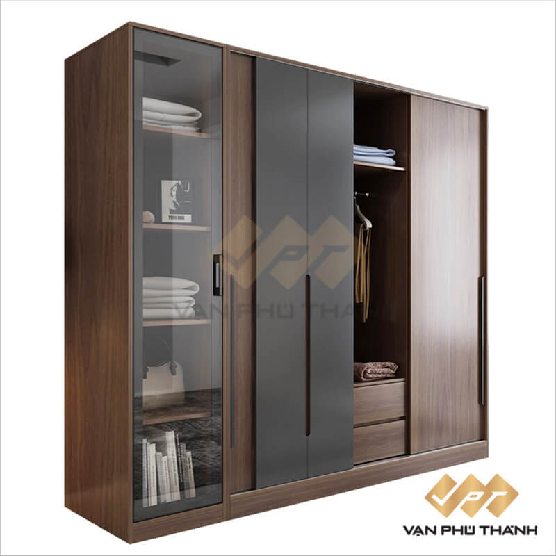 Tủ quần áo gỗ MDF phủ Melamine kết hợp cánh kính khung nhôm hiện đại
