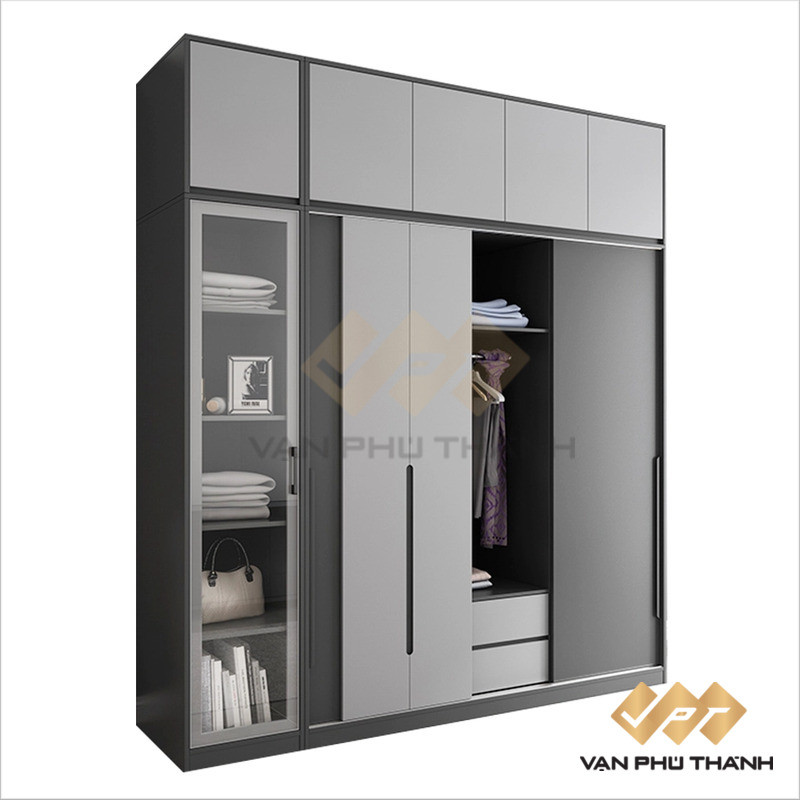 Tủ quần áo gỗ MDF phủ Melamine kết hợp kệ trang trí tiện ích