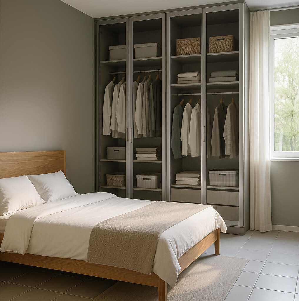 Tủ quần áo inox âm tường thiết kế kịch trần, tối ưu hóa không gian lưu trữ và tạo vẻ gọn gàng cho phòng ngủ.