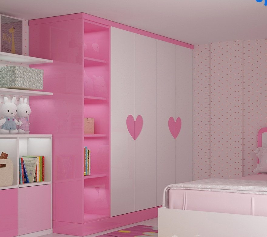 Tủ quần áo màu hồng đa năng kết hợp kệ và giường ngủ