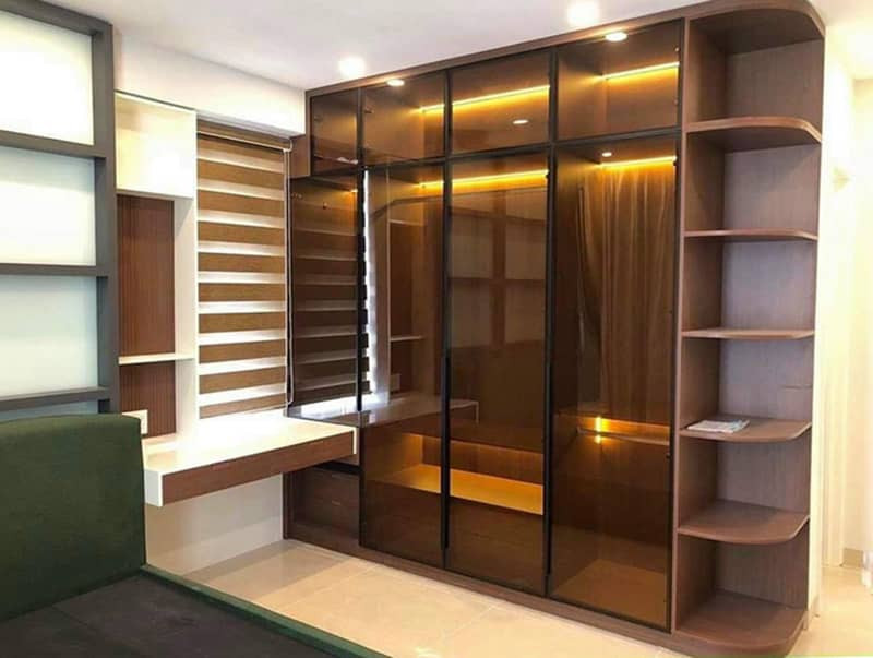 Tủ quần áo nhôm vân gỗ cánh kính mang phong cách hiện đại và sang trọng