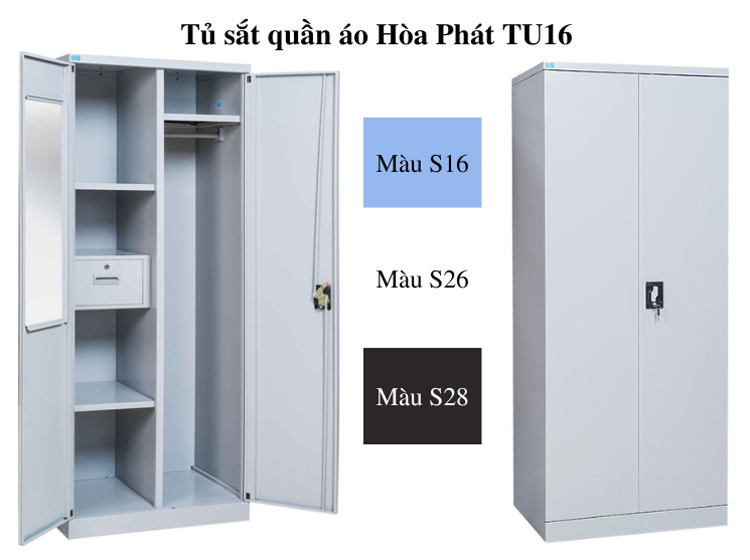 Tủ sắt đựng quần áo Hòa Phát 2 cánh TU16 màu ghi sáng, tích hợp gương bên trong tiện lợi cho phòng ngủ nhỏ