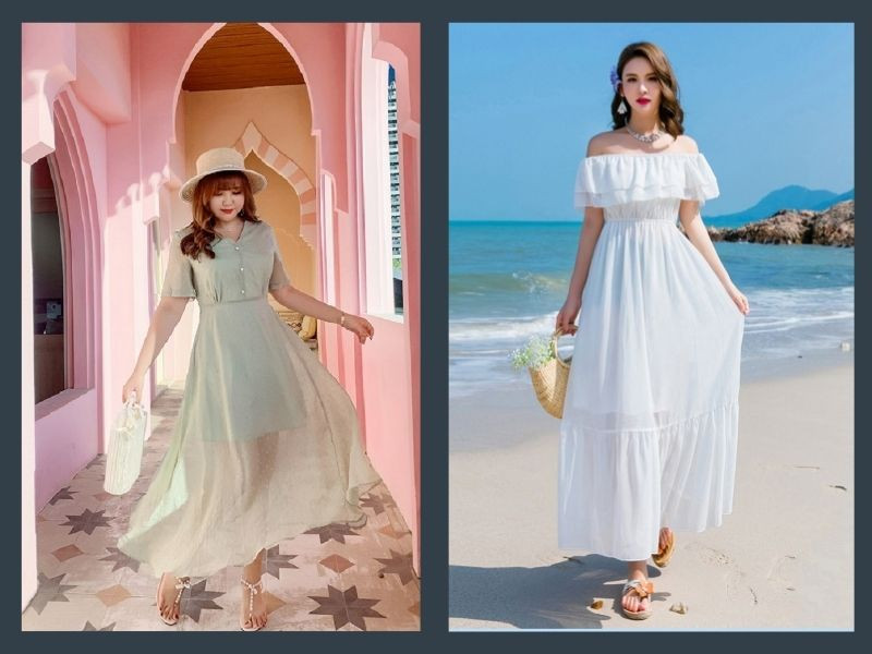 Váy maxi đơn sắc màu tối là lựa chọn quần áo cho người béo nữ, giúp che khuyết điểm hiệu quả và tôn lên vẻ đẹp duyên dáng