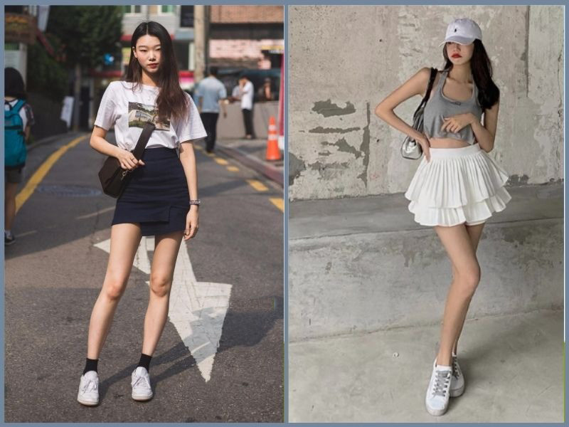 Váy ngắn denim chữ A kết hợp áo phông và giày sneaker, quần áo đi chơi mùa hè nữ trẻ trung