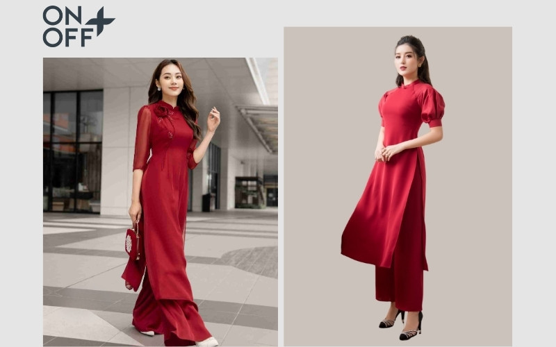 Áo dài đỏ rực rỡ kết hợp quần lụa đỏ đồng màu, tạo hiệu ứng tone-sur-tone đầy cuốn hút và quý phái, phù hợp cho các dịp lễ.