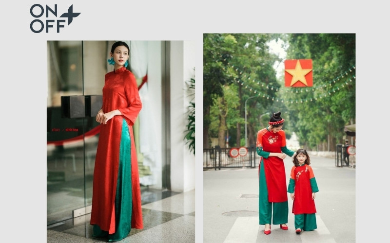 Áo dài đỏ truyền thống duyên dáng kết hợp quần xanh lá cây tươi mát, tạo điểm nhấn độc đáo và hài hòa, thu hút mọi ánh nhìn.