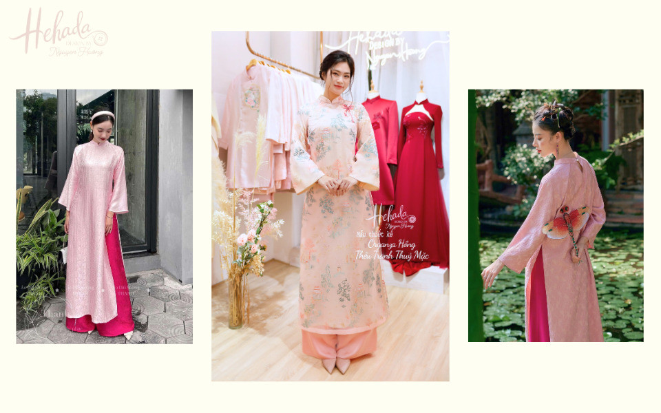 Áo dài hồng nhạt kết hợp quần hồng đậm tạo điểm nhấn tinh tế với sắc độ khác biệt.