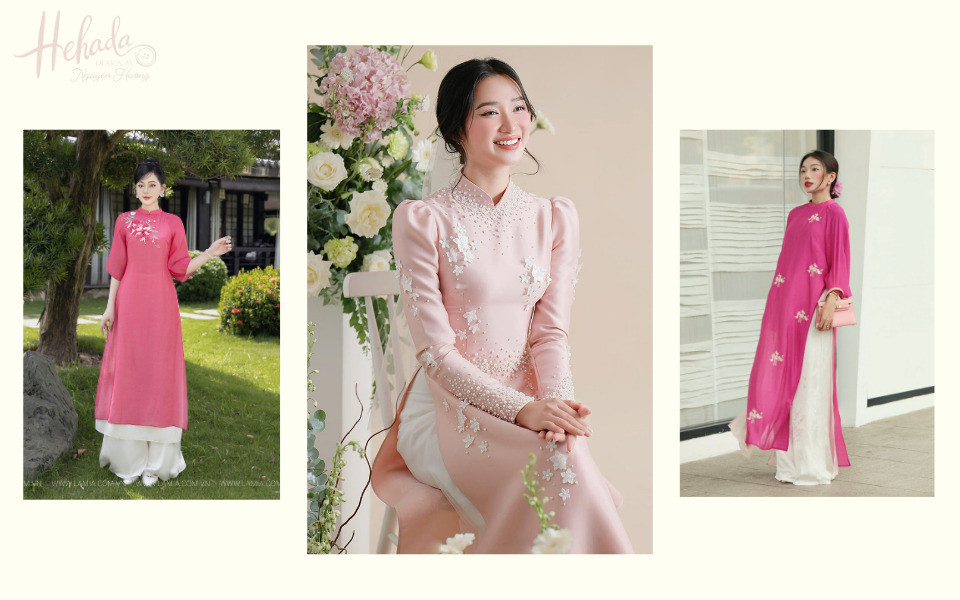 Áo dài hồng pastel duyên dáng kết hợp quần trắng tinh khôi, tôn lên vẻ đẹp thanh lịch.