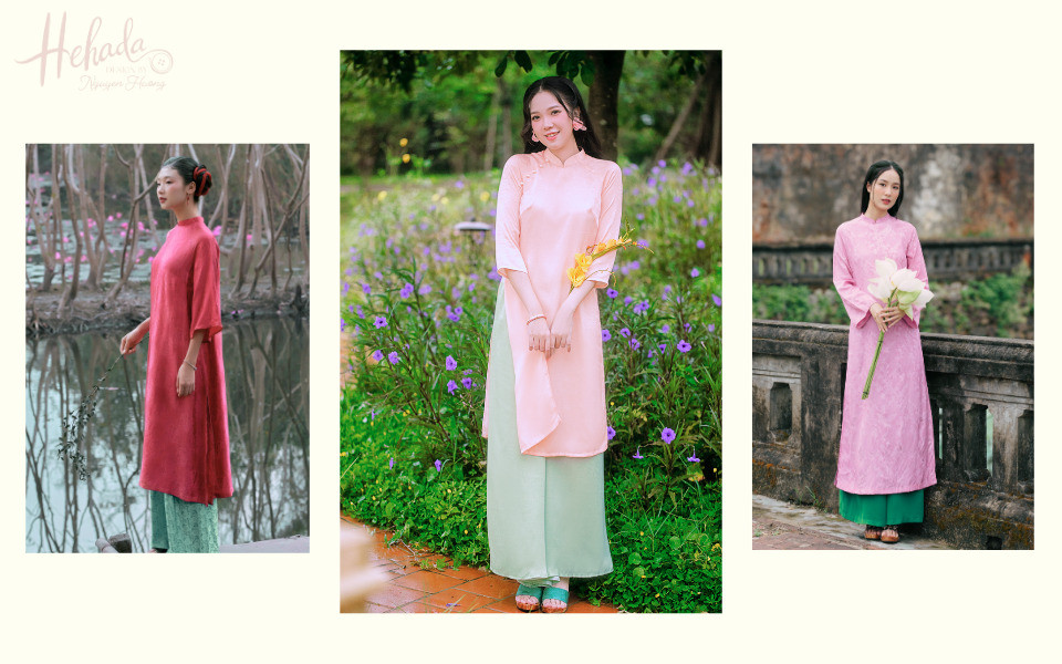 Áo dài hồng pastel nhẹ nhàng kết hợp quần xanh lá cây tạo vẻ đẹp tươi mới, thanh thoát.