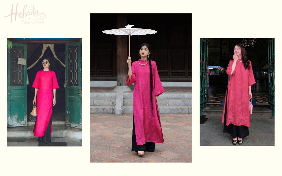 Áo dài hồng phối quần đen tạo sự tương phản sang trọng và bí ẩn