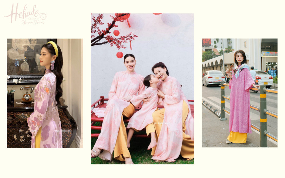 Áo dài hồng rạng rỡ phối quần màu vàng tươi sáng, nổi bật phong cách trẻ trung