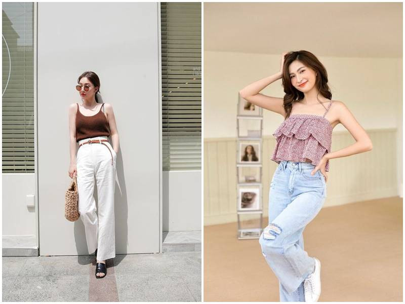 Áo hai dây phối cùng quần suông ống rộng thanh lịch