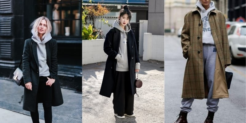 Áo hoodie cá tính khi phối với áo dạ dáng dài
