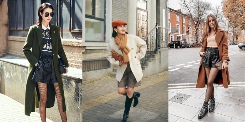 Áo khoác dạ dài phối cùng quần shorts cá tính