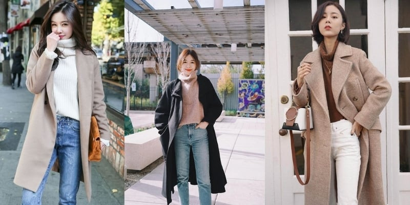 Áo khoác dạ dài phối với áo len cổ lọ ấm áp