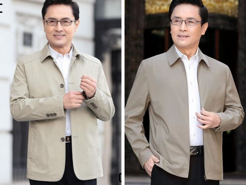 Áo khoác mỏng cổ bẻ với thiết kế khóa kéo giúp quý ông lớn tuổi dễ dàng mặc và tạo vẻ ngoài lịch sự khi ra ngoài.