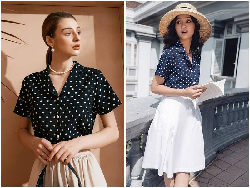 Áo kiểu họa tiết chấm bi đen trắng, dáng suông, mang phong cách cổ điển kết hợp hiện đại cho phụ nữ tuổi 60
