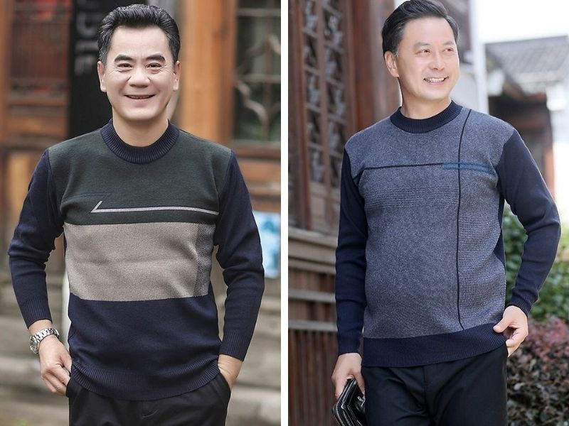 Áo len cổ tròn ấm áp, màu sắc nhã nhặn là trang phục lý tưởng cho người lớn tuổi nam vào mùa lạnh, giữ ấm cơ thể.