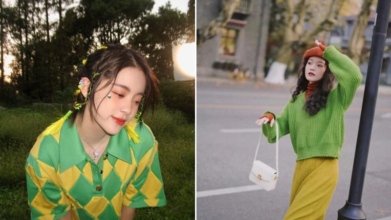 Áo len vàng mustard phối quần xanh lá cây, tạo nên bộ trang phục độc đáo và phá cách cho mùa thu