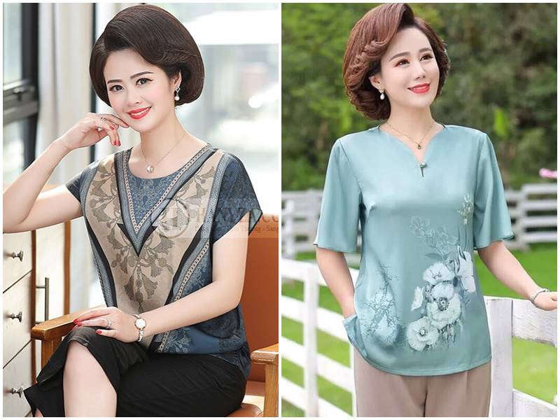 Áo lụa màu hồng nhạt thêu họa tiết hoa tinh tế, thiết kế tay loe thanh lịch, phù hợp cho phụ nữ trung niên