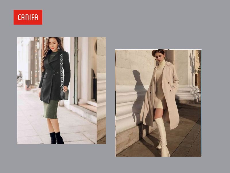 Áo măng tô dài màu ghi thanh lịch được phối cùng váy body ôm sát màu đen, tôn vinh đường cong quyến rũ và vẻ đẹp tinh tế, sang trọng của người phụ nữ.