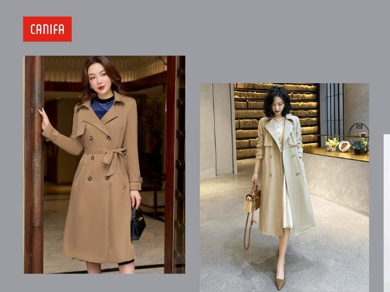 Áo măng tô nữ dáng dài màu be thanh lịch kết hợp cùng trang phục tối màu, tôn lên vóc dáng cao ráo và che đi khuyết điểm, phù hợp cho nhiều phong cách phối đồ.