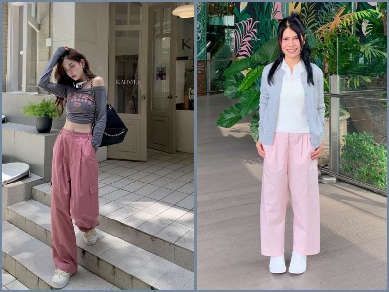 Áo màu xám phối với quần hồng nude là bộ đôi tạo nên một outfit mềm mại và đầy cuốn hút