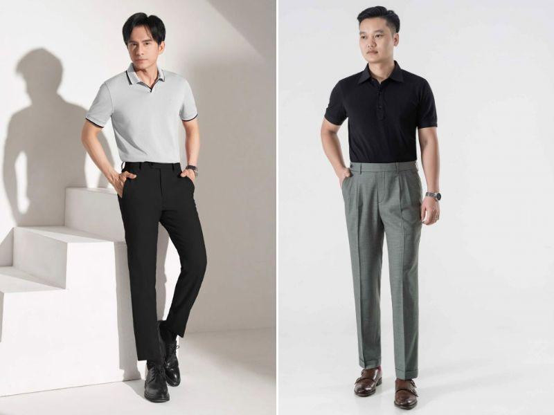 Áo polo nam đen phối quần tây xám đậm và giày tây buộc dây cổ điển, tạo vẻ ngoài đẳng cấp và cực kỳ lịch lãm