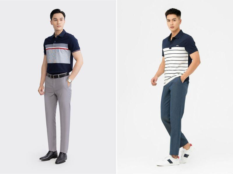 Áo polo nam màu be nhạt không đóng thùng kết hợp quần tây ống suông màu xanh navy, tạo phong cách thoải mái, năng động khi dạo phố