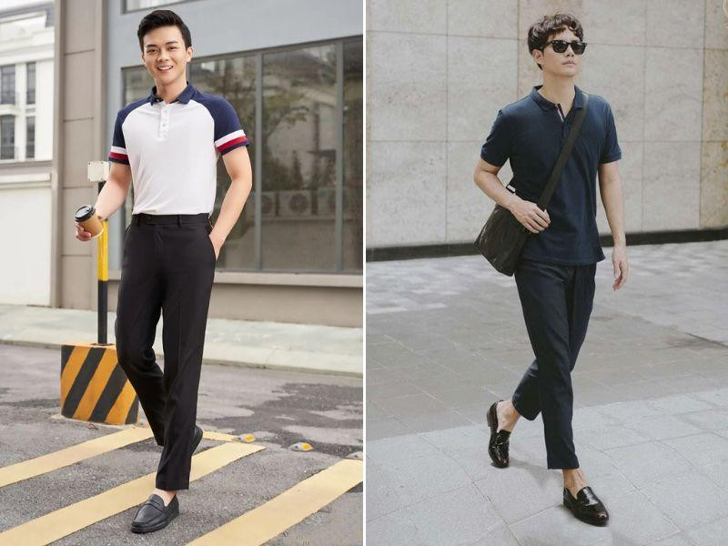 Áo polo nam trắng, quần tây xanh navy và giày lười da nâu, tạo sự cân bằng giữa lịch sự và thoải mái cho trang phục hàng ngày