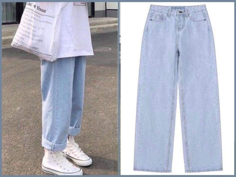 Áo rộng phối với quần jean ống rộng màu tối, tạo phong cách retro cuốn hút