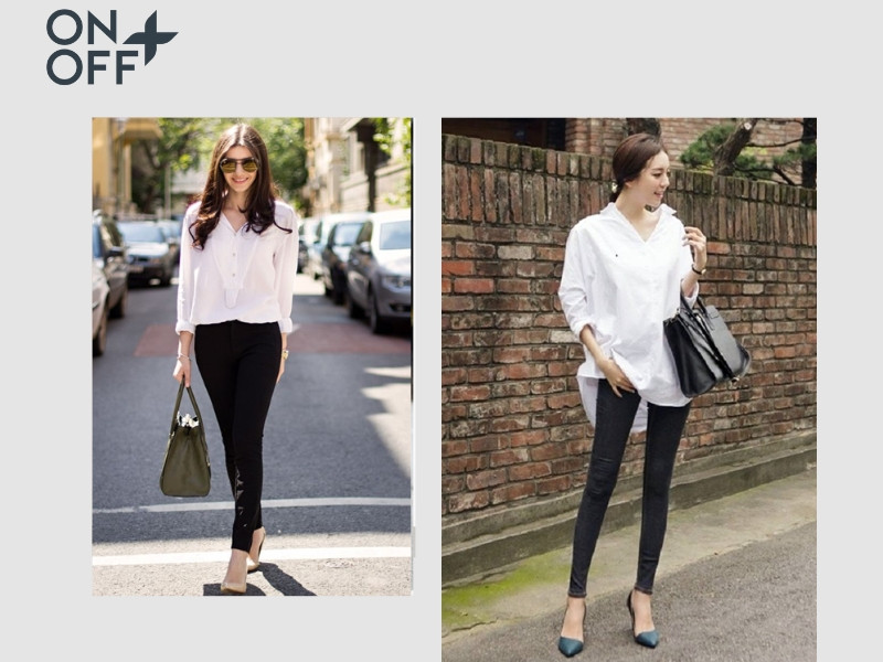 Áo sơ mi cổ V màu kem kết hợp quần legging đen tạo điểm nhấn quyến rũ, cách phối áo sơ mi với quần legging tôn dáng.