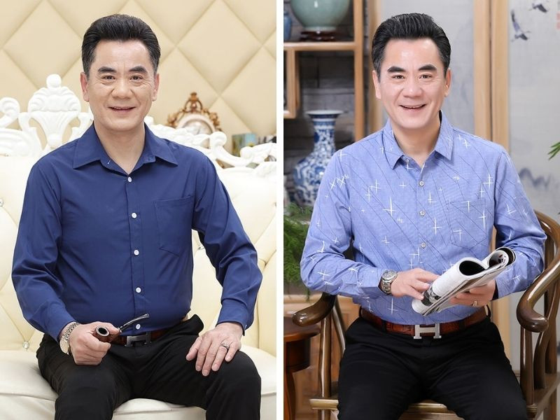 Áo sơ mi dài tay màu sắc trang nhã phối cùng quần âu là lựa chọn cổ điển, sang trọng cho các dịp quan trọng của quý ông 70 tuổi