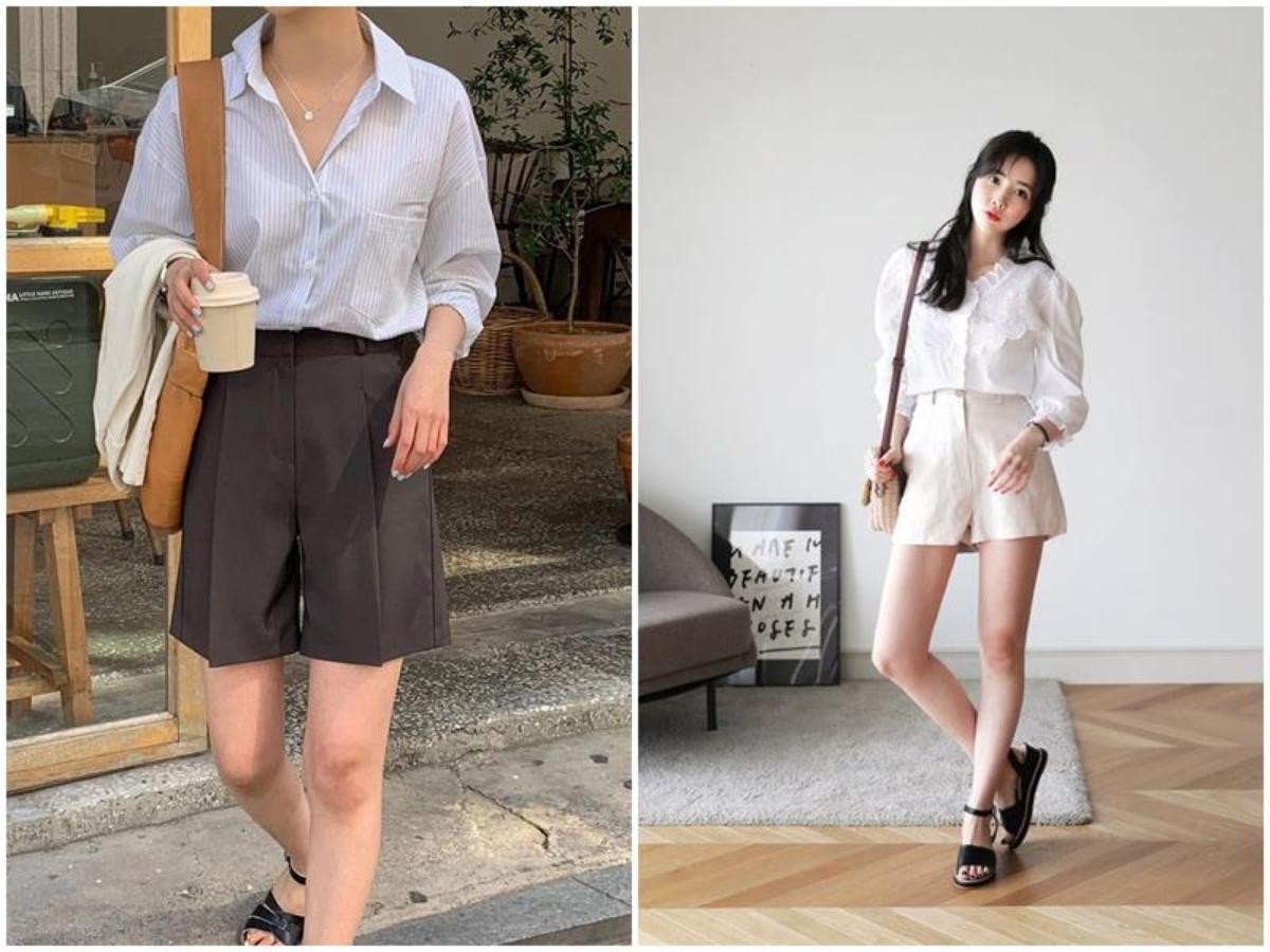 Áo sơ mi lụa mềm mại kết hợp quần short vải thanh lịch, lý tưởng cho các sự kiện buổi tối sang trọng