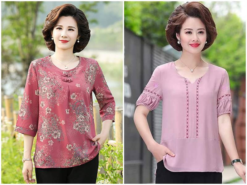 Áo sơ mi màu xanh dương nhạt bằng vải linen, dáng rộng rãi thoải mái cho phụ nữ tuổi 60