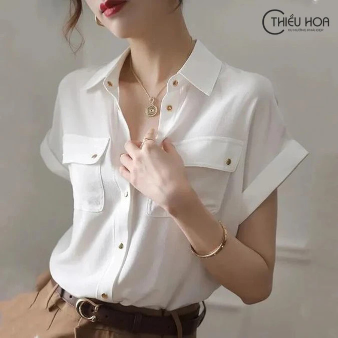 Áo sơ mi nữ tay ngắn túi dạng hộp