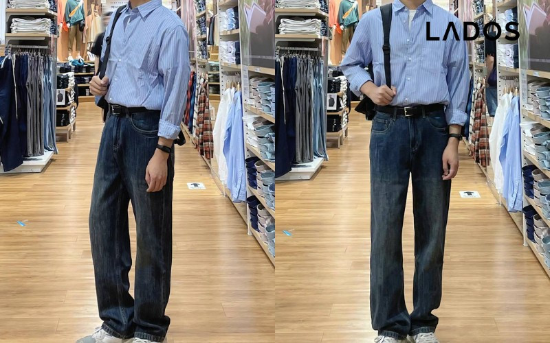 Áo sơ mi sọc đứng phối cùng quần jean, tạo hiệu ứng vóc dáng thon gọn
