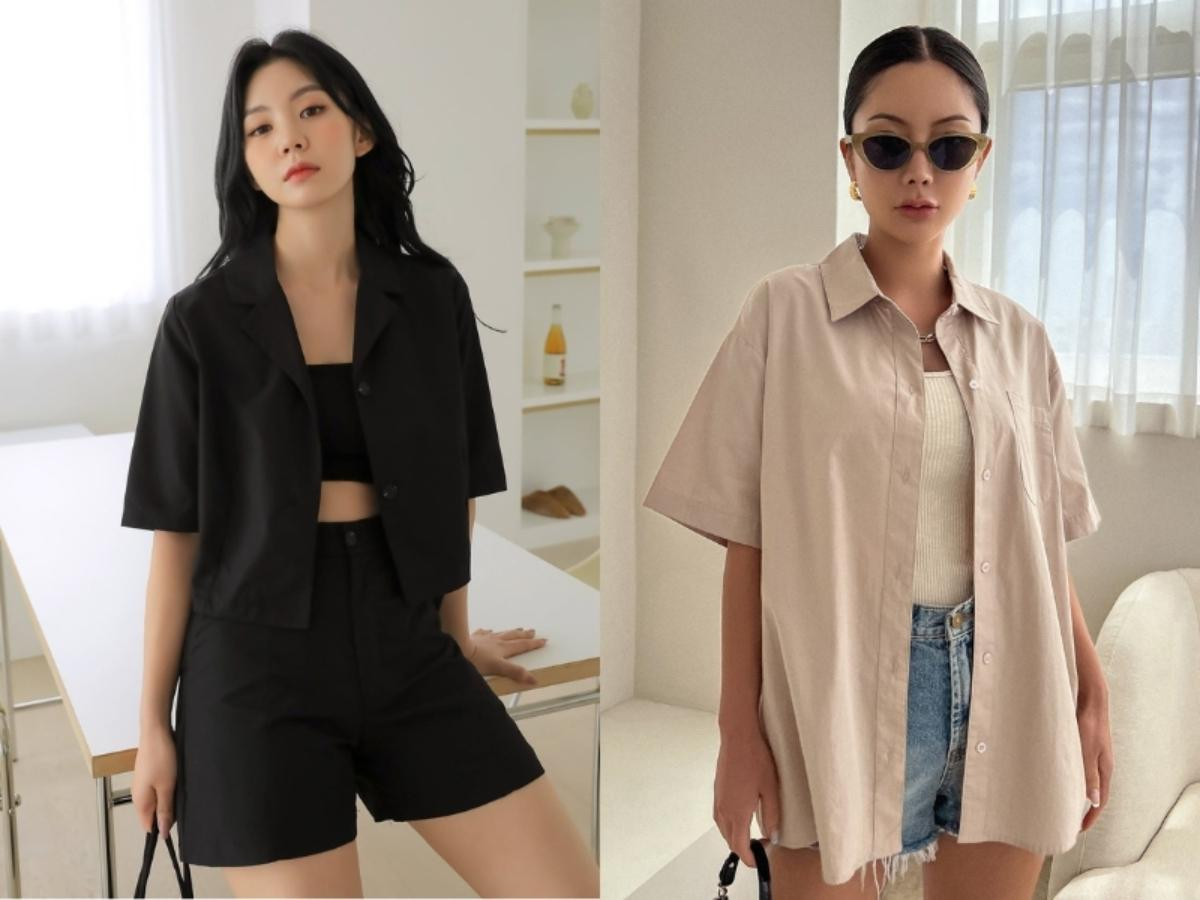 Áo sơ mi tay ngắn và quần short trơn tone sur tone, tạo phong cách thời thượng, thoải mái cho mùa hè