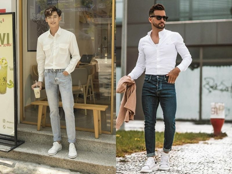 Áo sơ mi trắng kết hợp quần Jean đóng thùng lịch sự